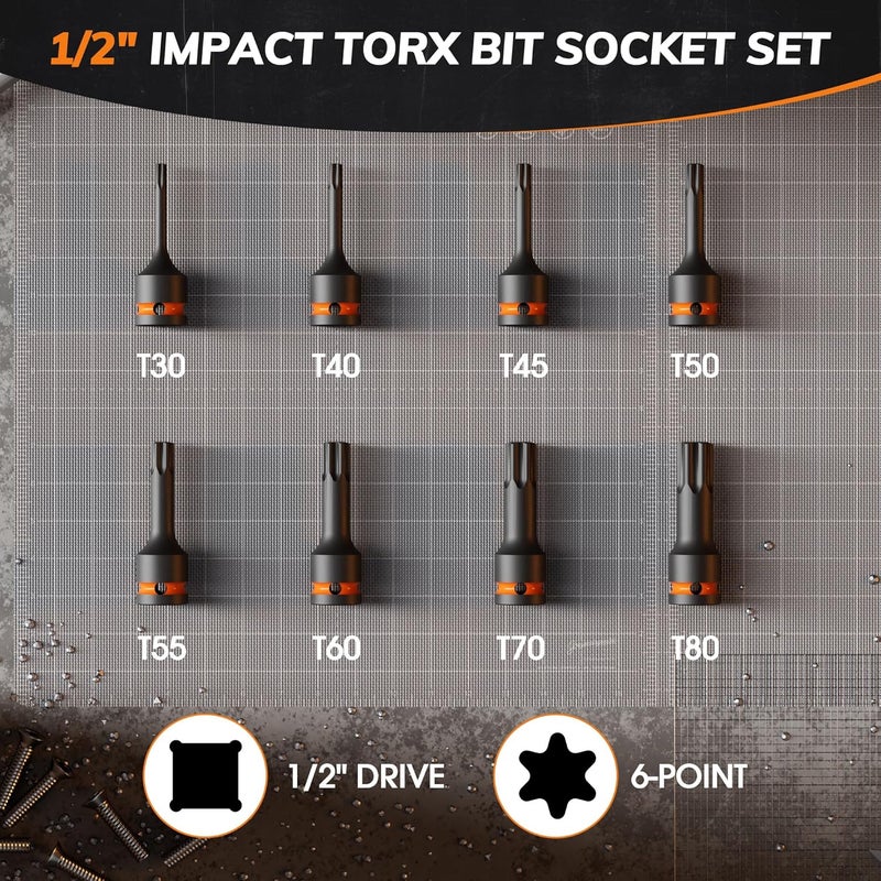 YEKEPRO 8-Piece 1/2” Drive Impact Torx Bit Socket Set, T30 T40 T45 T50 T55 T60 T70 T80, Cr-Mo Steel with Locking Pin Hole & Storage Case, Professional Grade for Automotive & Machinery Repair - Image 2